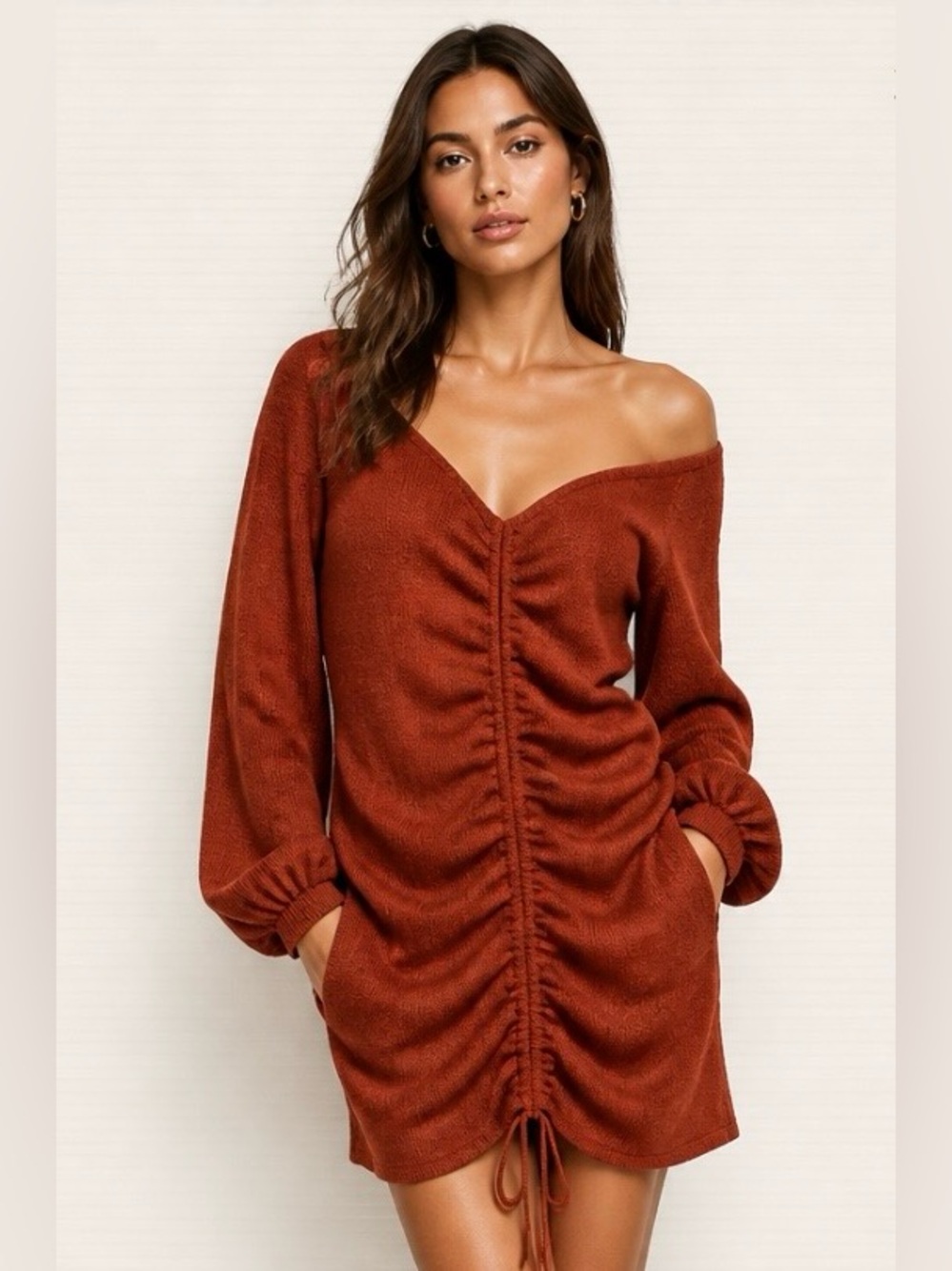 NATIVE DAUGHTERS Dress Sweater Drawstring Knit Mini Bodycon Off Shoulder Sexy